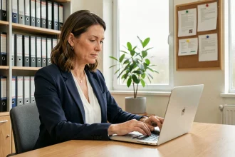 Enseignante activant sa messagerie DSDEN sur un ordinateur portable dans un bureau administratif scolaire