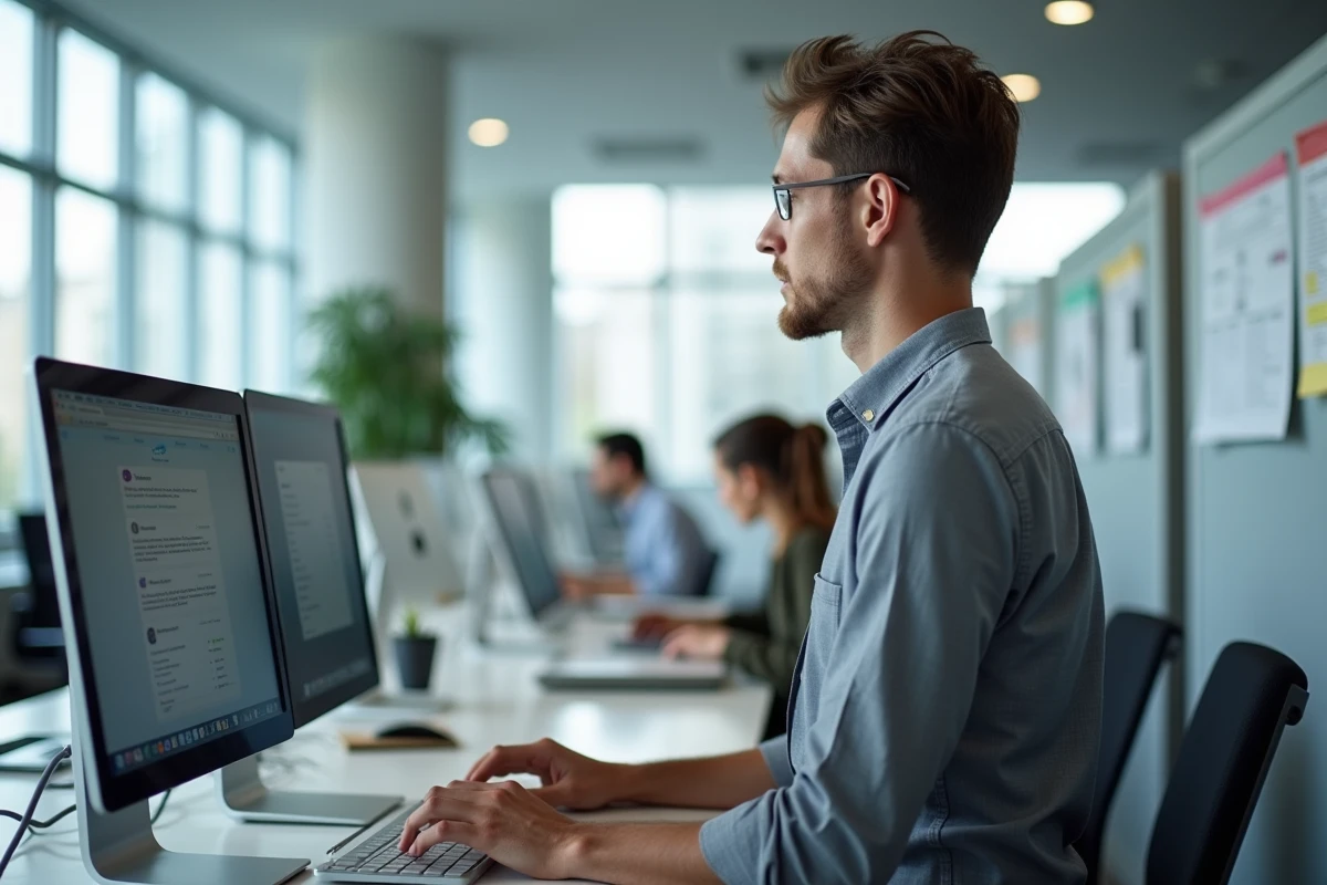 Administrateur académique gérant des échanges professionnels par webmail dans un open space universitaire moderne