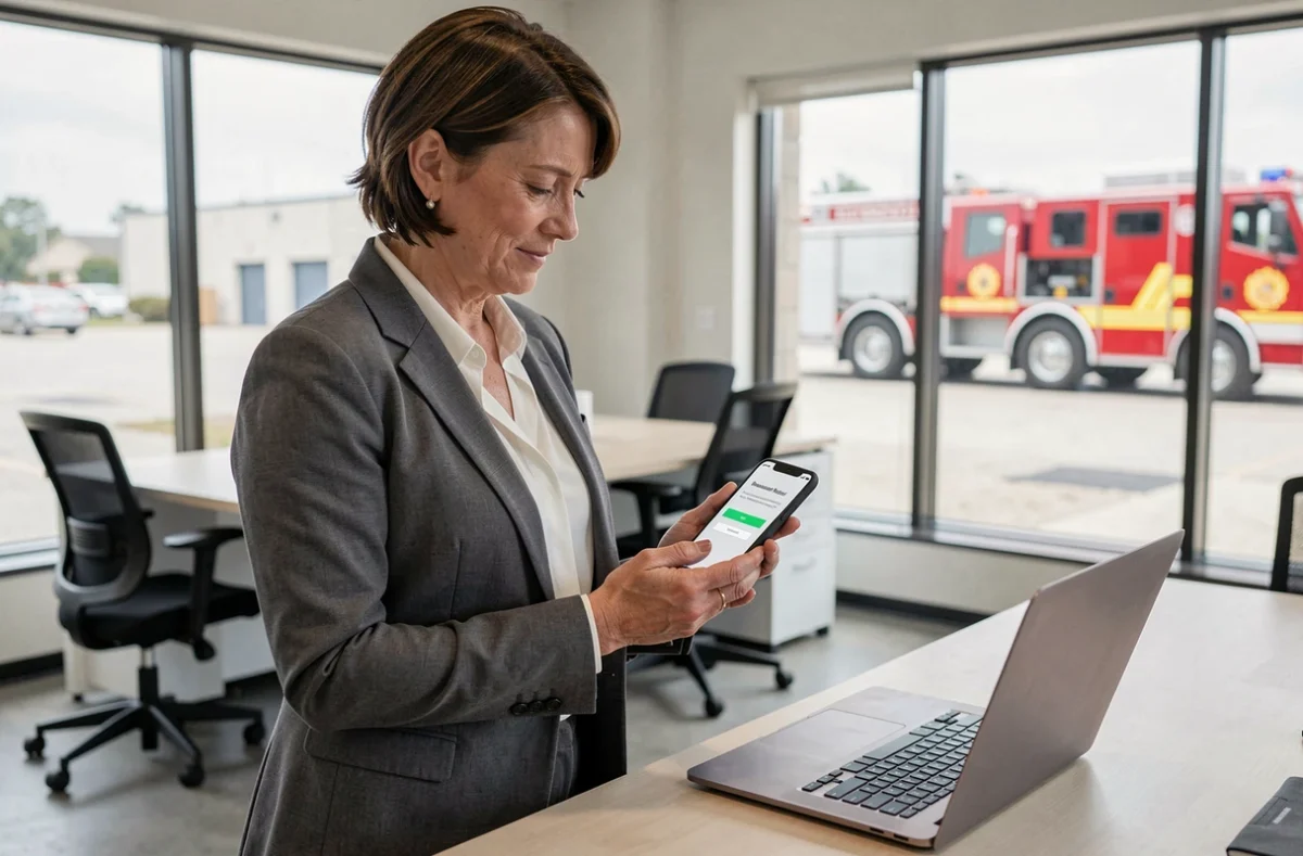 Administratrice SDIS consultant son téléphone pour réinitialiser son mot de passe oublié sur Artemis dans un bureau de pompiers