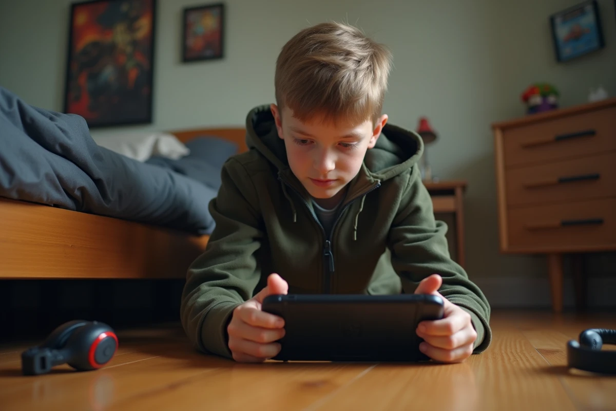 Adolescent appuyant sur le bouton power d'une Nintendo Switch éteinte dans une chambre, tentative de redémarrage manuel de la console