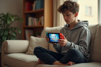 Adolescent jouant à Roblox sur Nintendo Switch en mode portable dans un salon moderne
