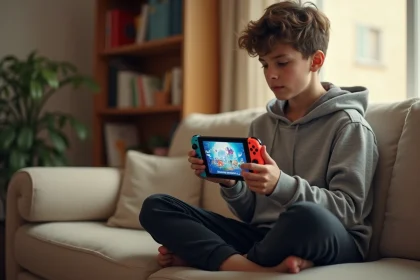 Adolescent jouant à Roblox sur Nintendo Switch en mode portable dans un salon moderne
