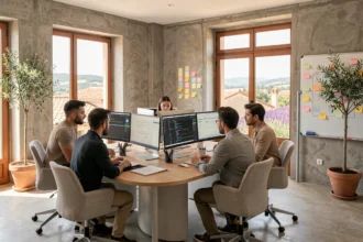Équipe d'une agence de développement web en Provence-Alpes-Côte d'Azur travaillant ensemble dans un espace de travail moderne avec vue sur les toits provençaux