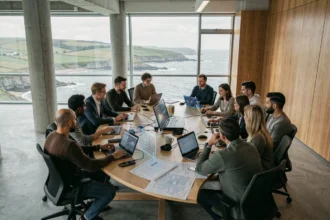 Équipe de professionnels travaillant sur des projets d'intelligence artificielle dans un espace de travail moderne en Bretagne