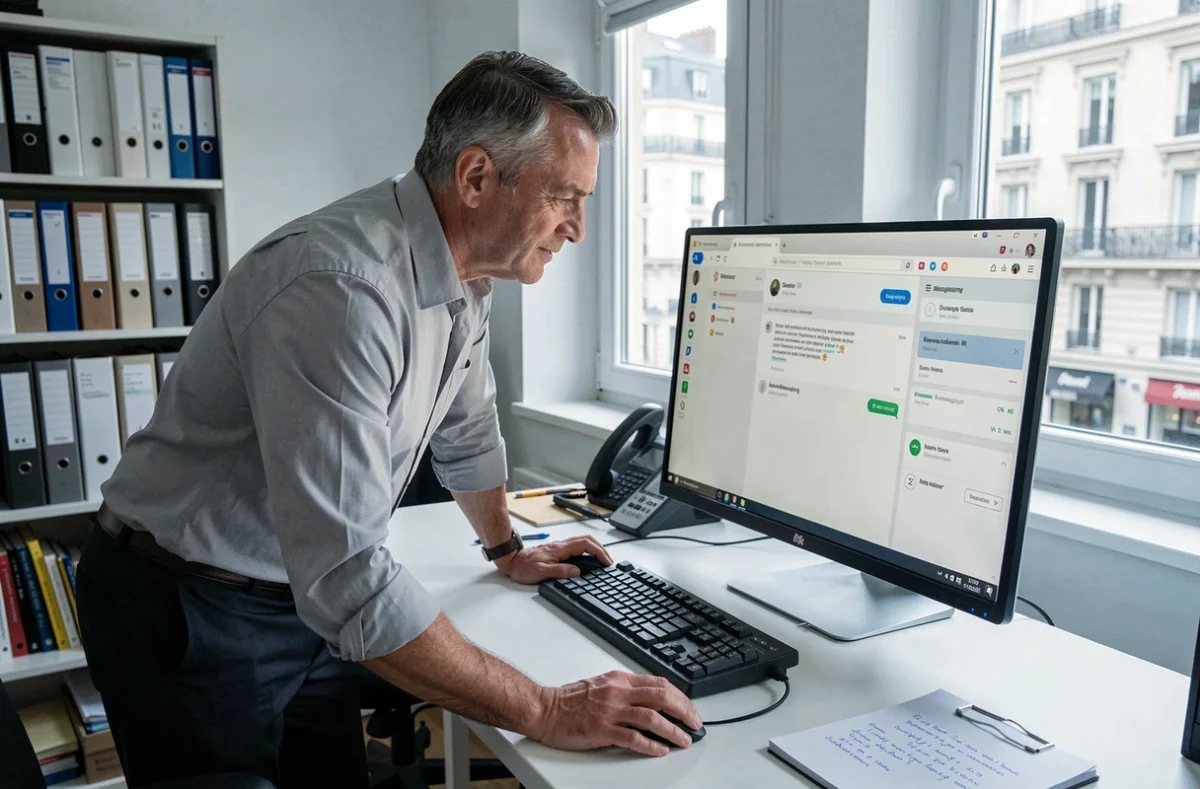 Agent gouvernemental accédant à Tchap via navigateur web sur un ordinateur de bureau à domicile