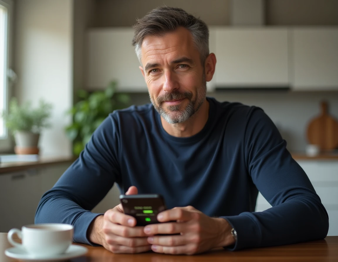 Homme tenant son iPhone avec alarme et batterie faible dans une cuisine le matin