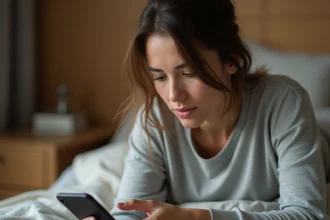 Femme allongée dans son lit regardant son iPhone avec une batterie faible sur la table de nuit