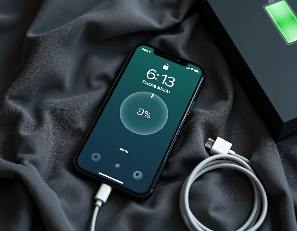 Vue de dessus d'un iPhone posé sur tissu gris affichant une alarme et un avertissement de batterie critique