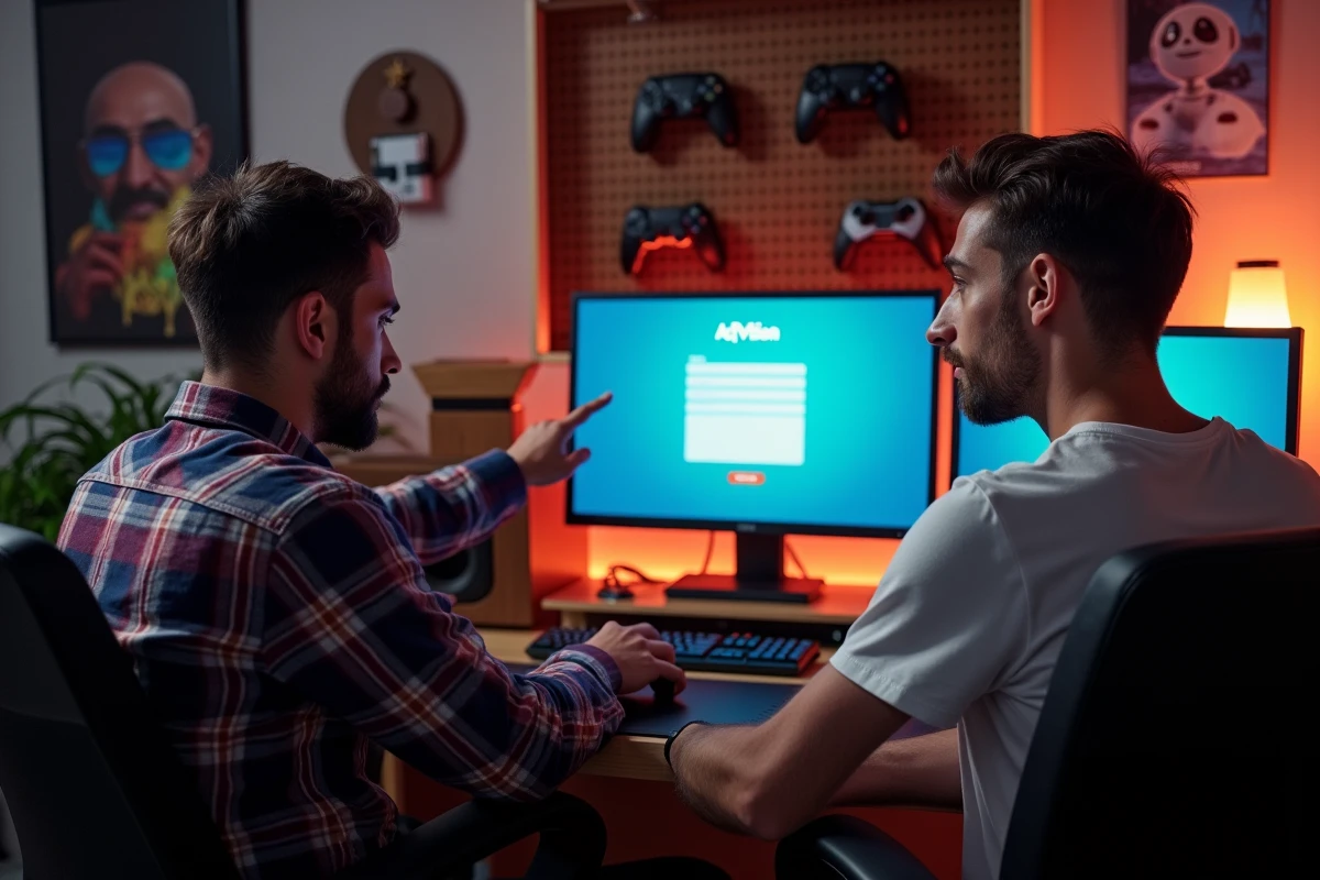 Deux amis gamers examinant ensemble le formulaire d'appel de bannissement Activision sur un écran de bureau