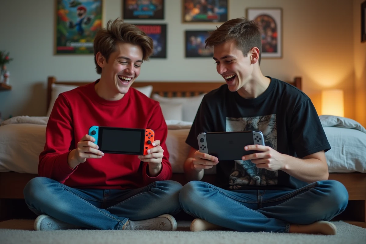 Deux amis adolescents comparant leurs Nintendo Switch en jouant à Roblox dans une chambre