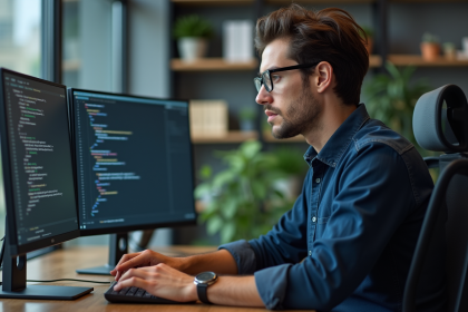 Jeune homme concentré analysant du code sur deux écrans