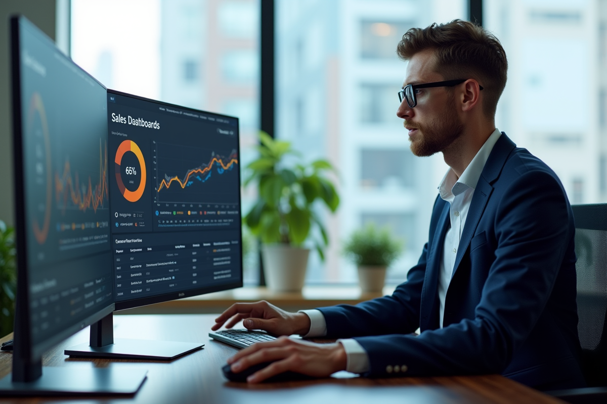 Jeune analyste de données travaillant seul sur son bureau moderne