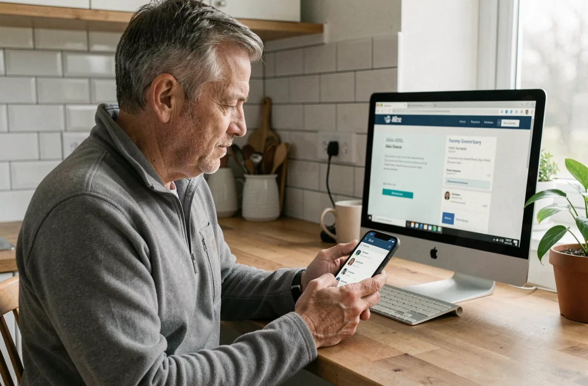 Homme basculant ses contacts depuis Alice ADSL vers Free avec un smartphone et un ordinateur dans une cuisine