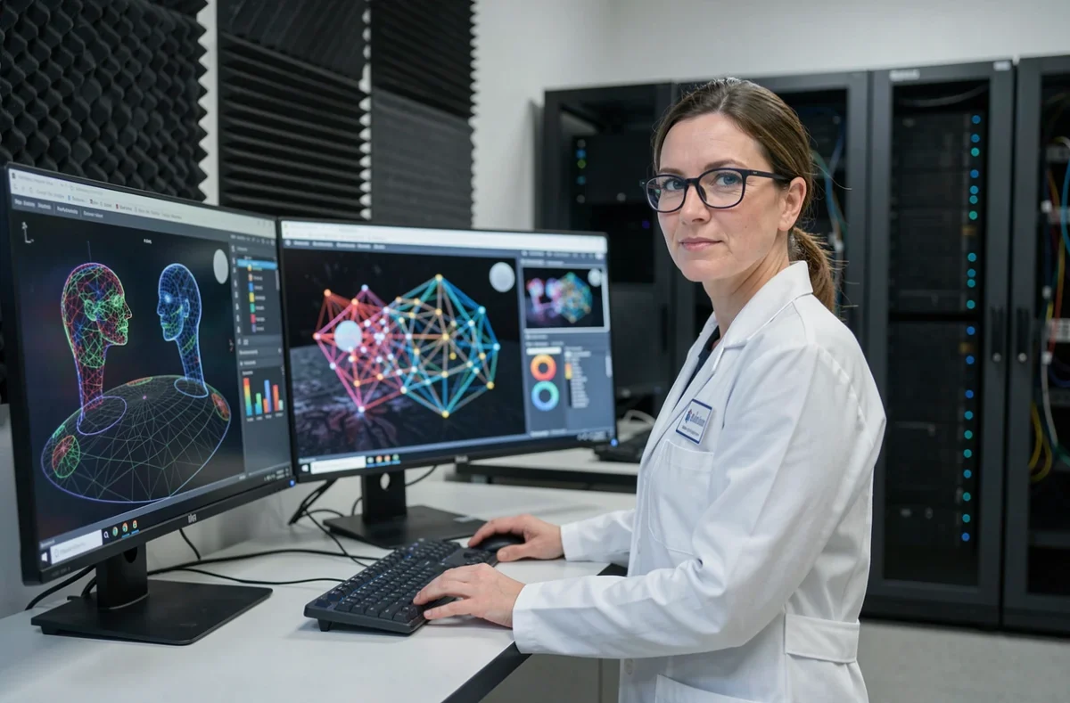 Chercheuse de bcom travaillant sur des simulations immersives et des technologies d'intelligence artificielle appliquée