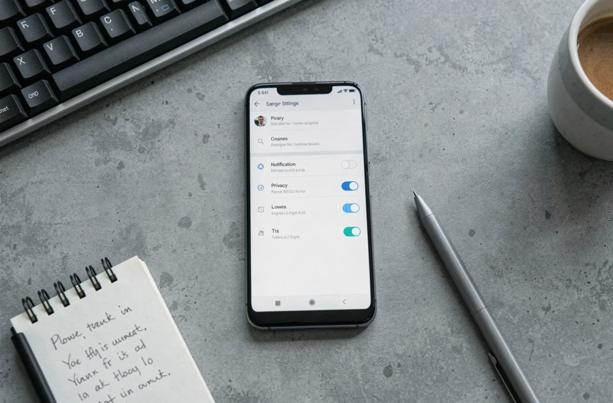 Vue de dessus d'un smartphone Android avec l'interface de réglages de Begone posé sur un bureau en béton