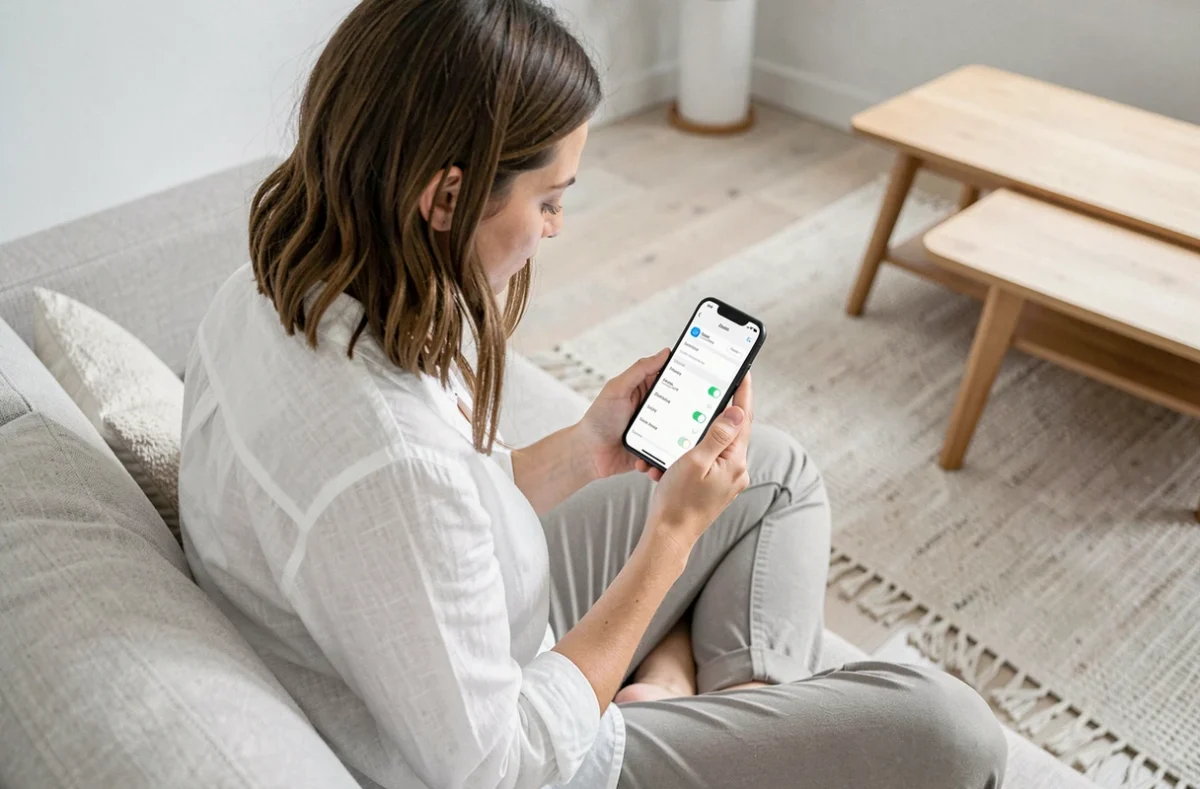 Femme consultant les paramètres avancés de Begone sur Android depuis son salon minimaliste