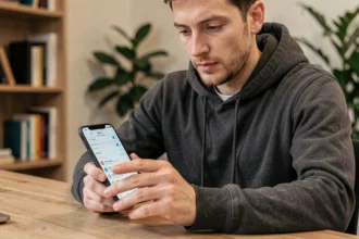Homme utilisant les réglages cachés de l'application Begone sur un smartphone Android dans un bureau moderne