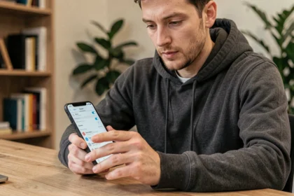 Homme utilisant les réglages cachés de l'application Begone sur un smartphone Android dans un bureau moderne