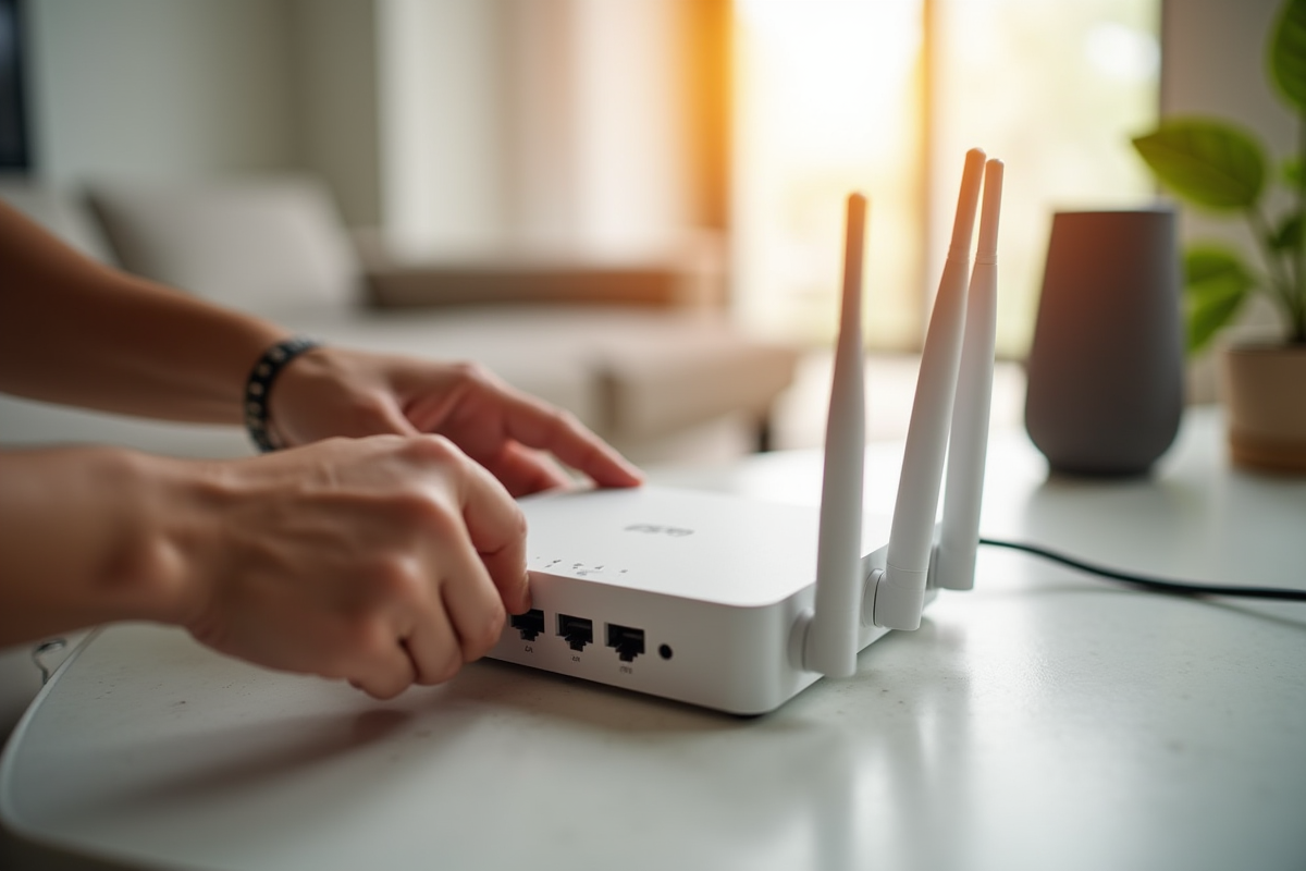 Mains branchant un routeur wifi dans un salon lumineux