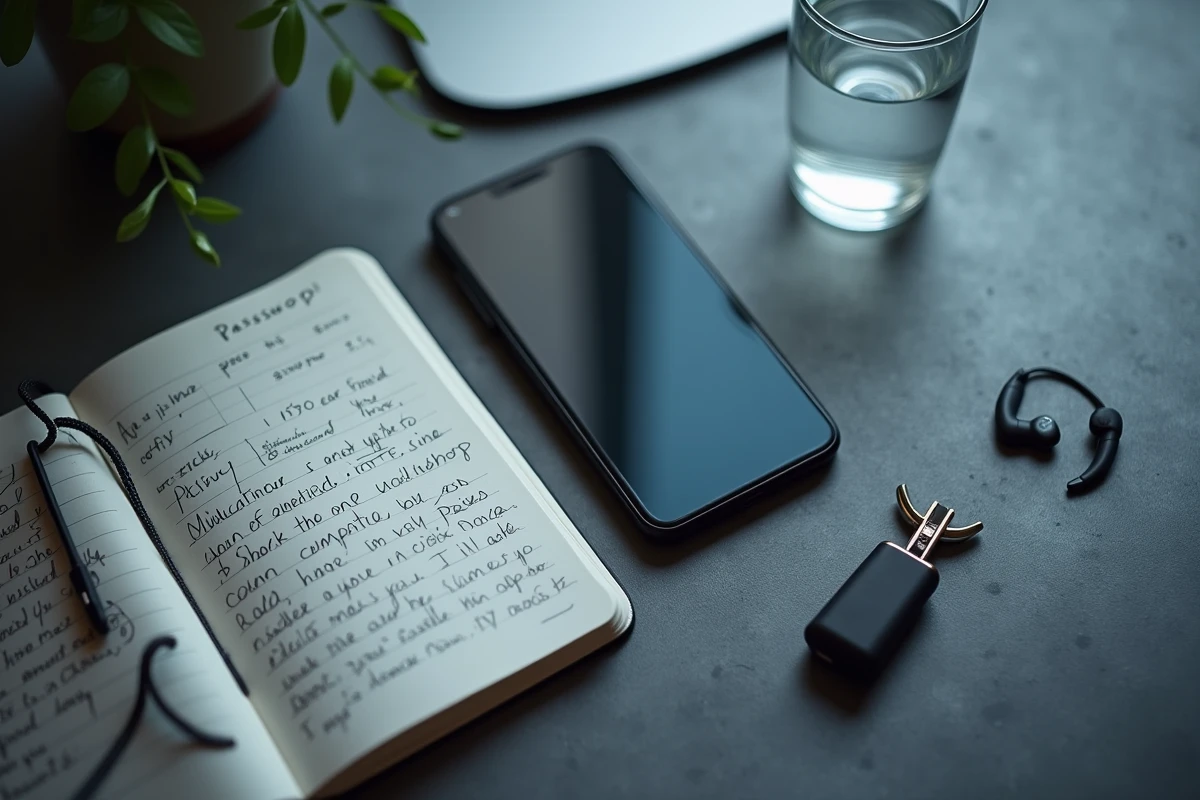 Vue de dessus d'un bureau avec smartphone affichant un profil de réseau social, carnet de notes sur la confidentialité et clé USB, évoquant la protection des données personnelles en ligne