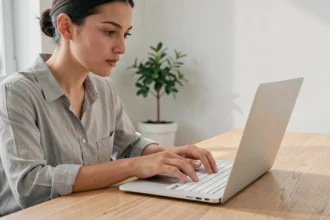 Femme tapant sur un clavier MacBook pour saisir un C cédille majuscule dans un bureau à domicile moderne
