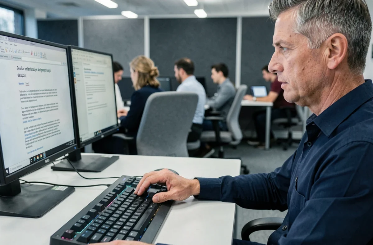 Homme utilisant un raccourci clavier Windows pour écrire le C cédille majuscule dans un open space professionnel