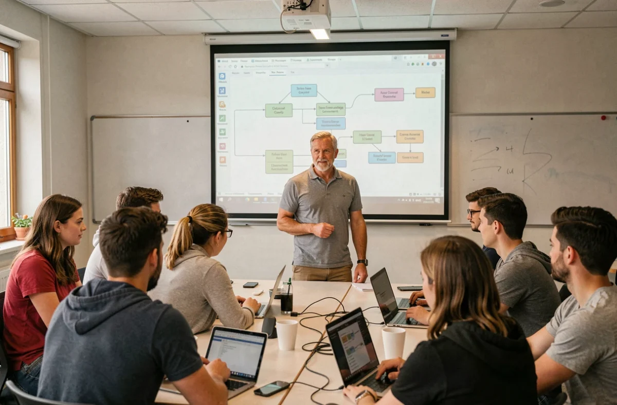 Formateur de ChallengeMyProject animant un atelier de formation à l'automatisation par l'IA dans le Finistère