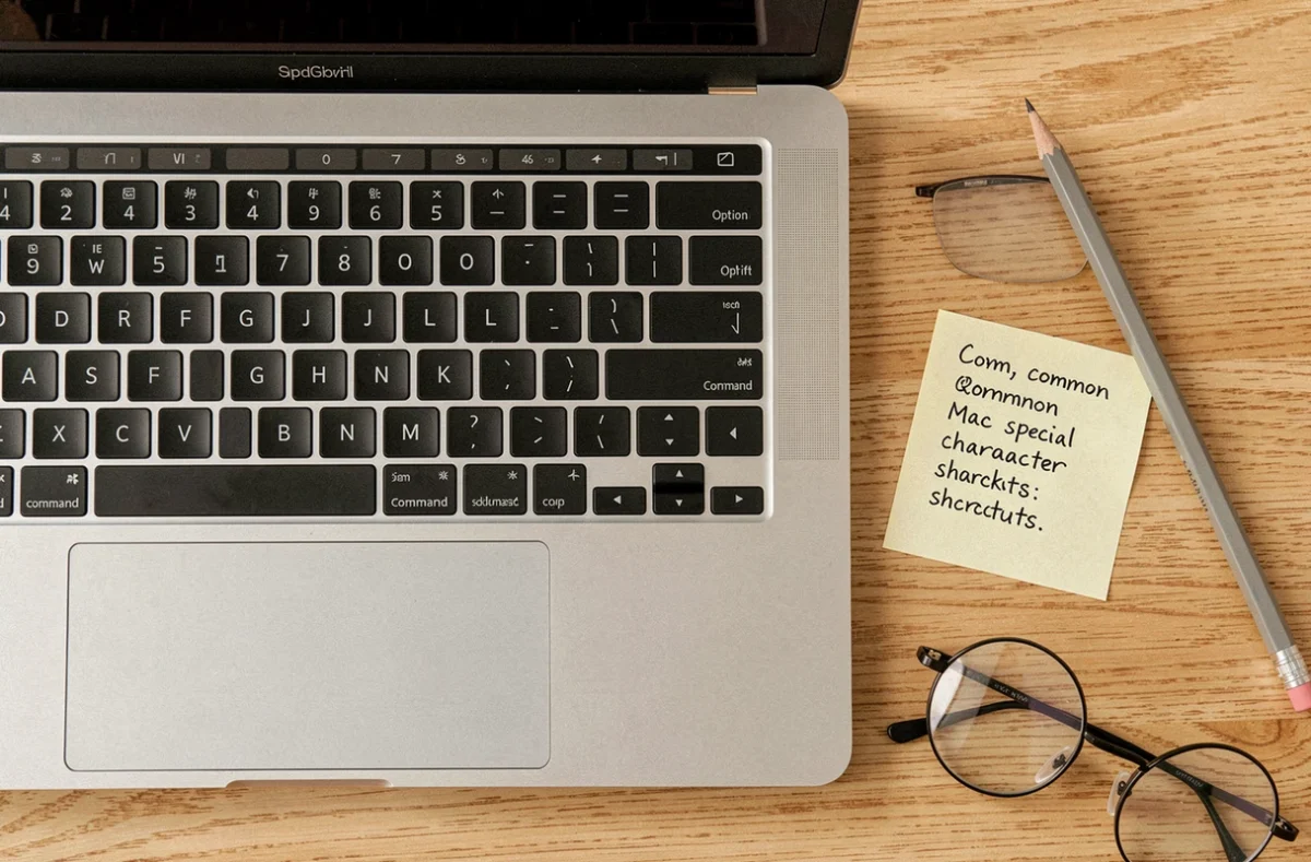 Vue aérienne d'un clavier MacBook Pro avec touches Shift et Option et note manuscrite sur les raccourcis de caractères spéciaux Mac
