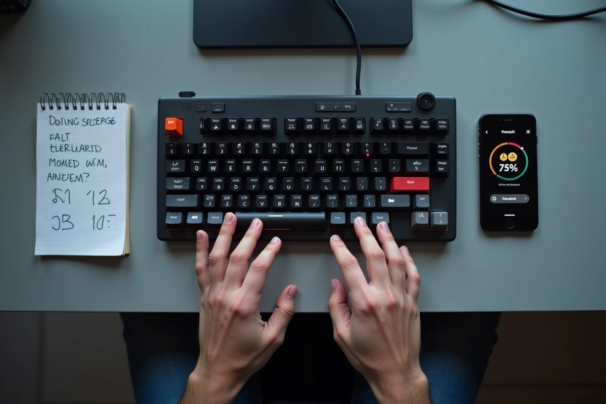 Vue de dessus d'un clavier mécanique et d'une application mobile de jeu de vitesse de frappe avec scores et progression