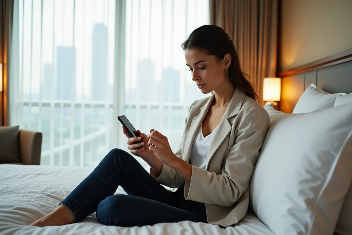 Cliente d'hôtel contrôlant les services de sa chambre via une application mobile sur smartphone, symbole de la connectivité et des télécoms modernes en hôtellerie