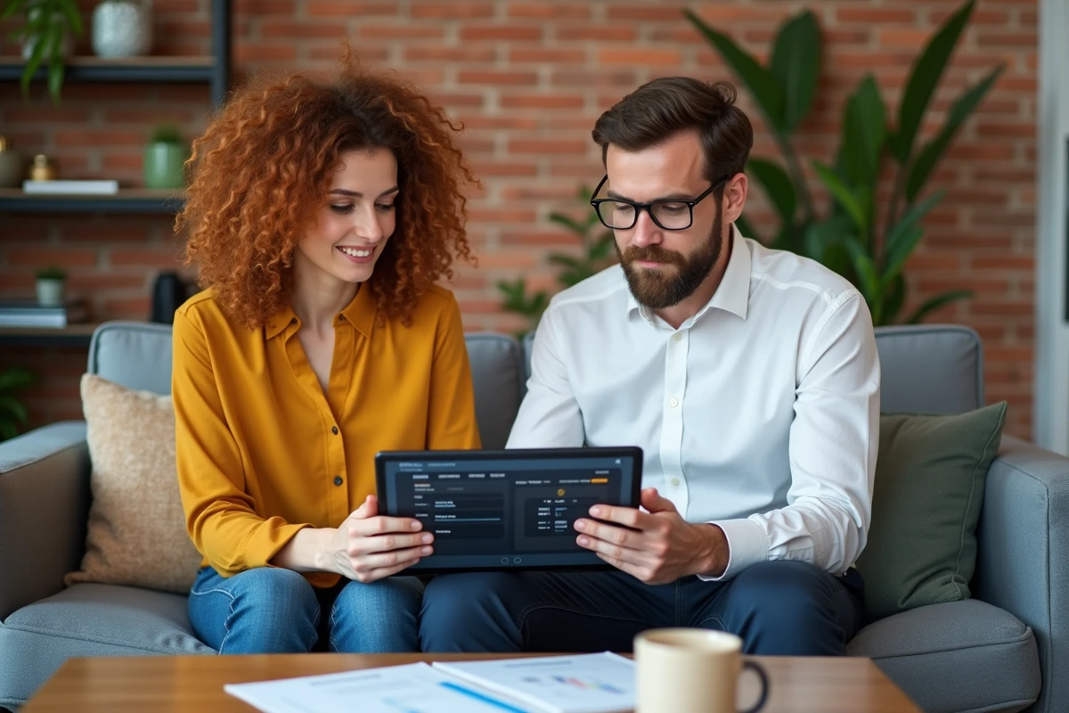 Deux collègues configurant ensemble l'outil Evoluseo sur une tablette pour améliorer durablement le positionnement SEO de leur site