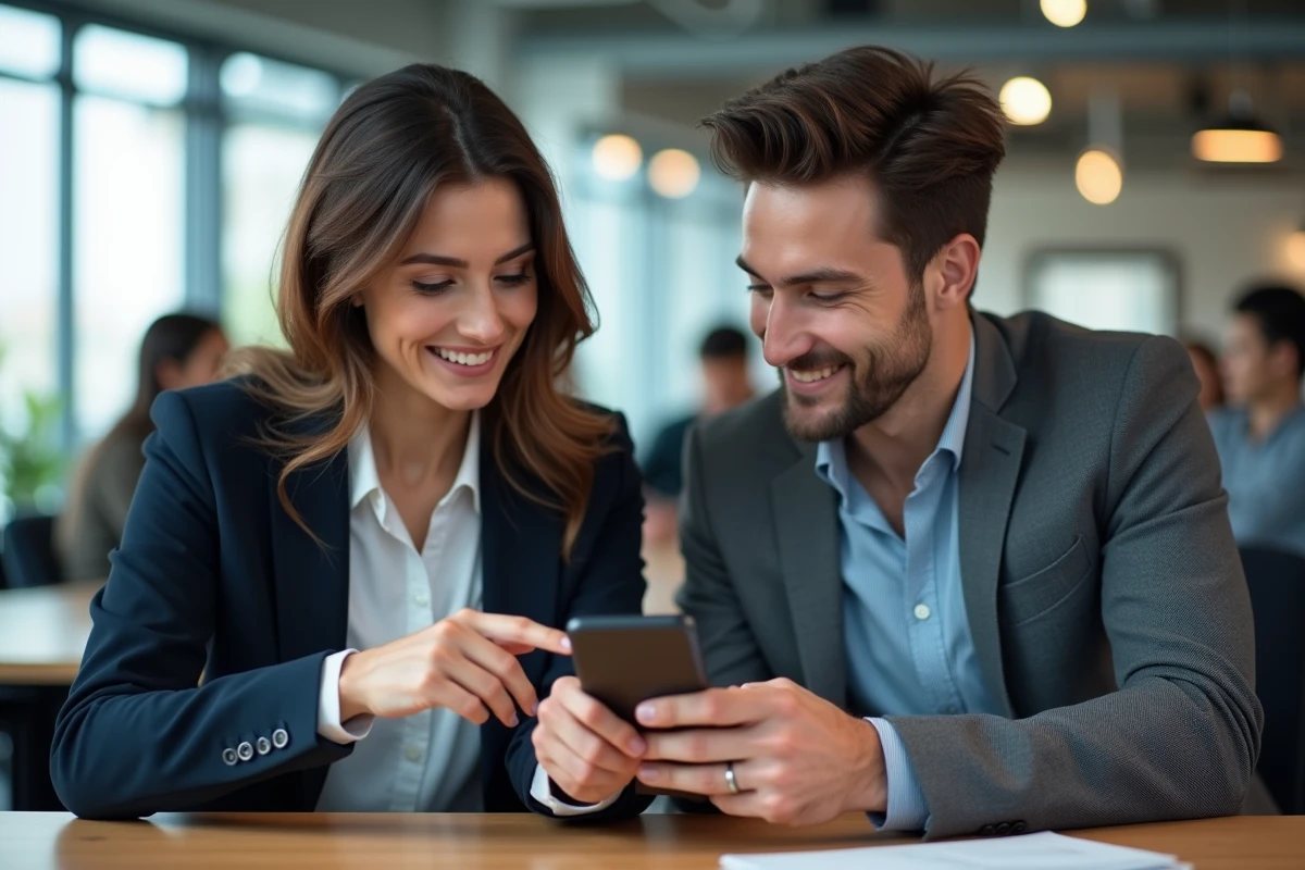 Deux collègues utilisant le presse-papier Android ensemble dans un espace de coworking