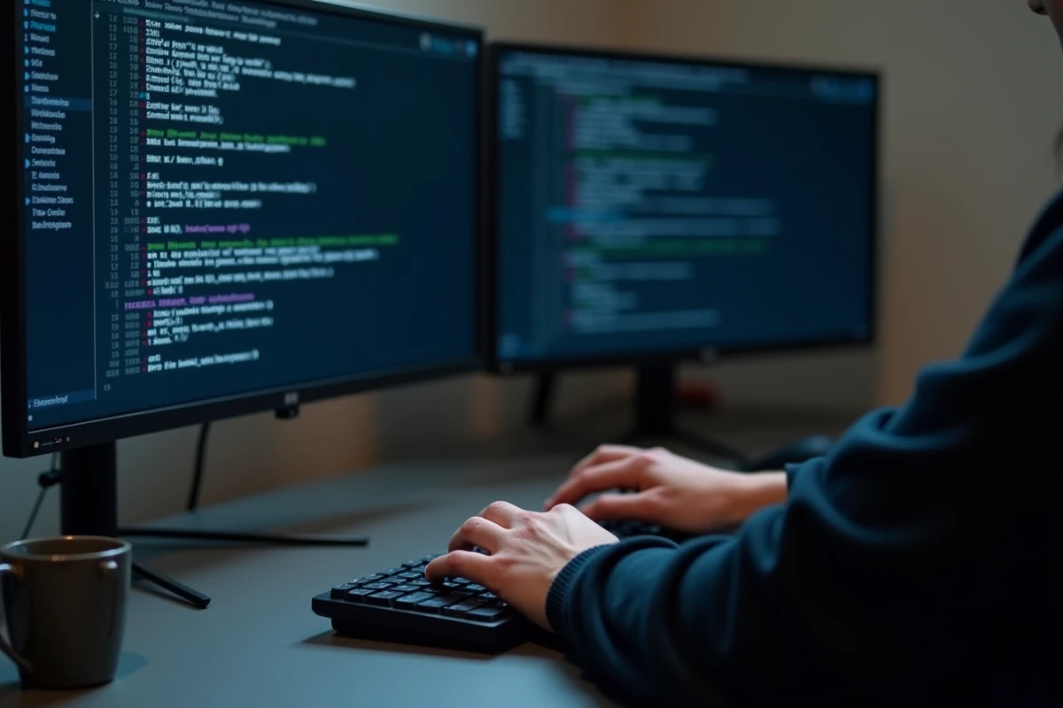 Écran d'ordinateur affichant une adresse IP v4 via la commande ipconfig avec un clavier mécanique