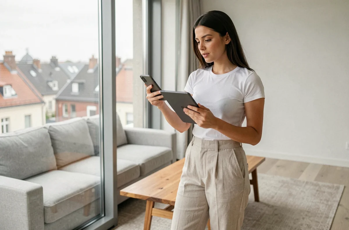 Jeune femme tenant un smartphone Google et une tablette Samsung pour comparer les solutions de stockage cloud de photos