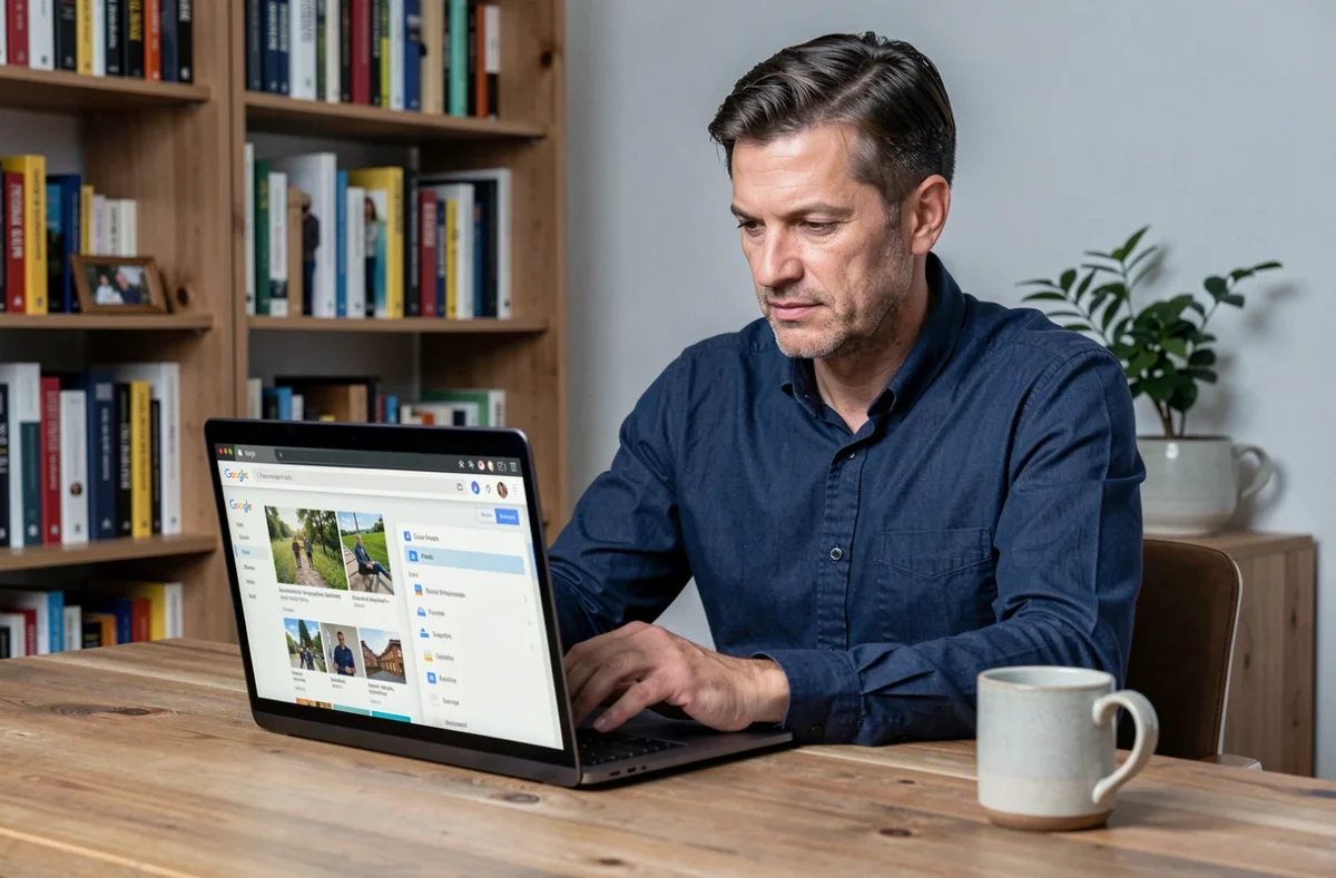 Homme comparant Google Photos et Samsung Cloud sur son ordinateur portable dans un bureau à domicile