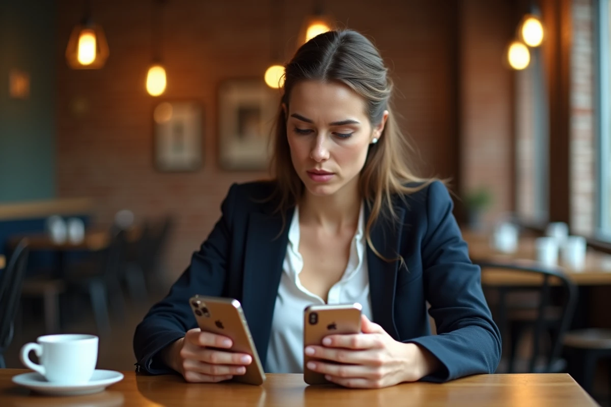Femme comparant deux iPhone 14 Pro dont un reconditionné sur une table de café