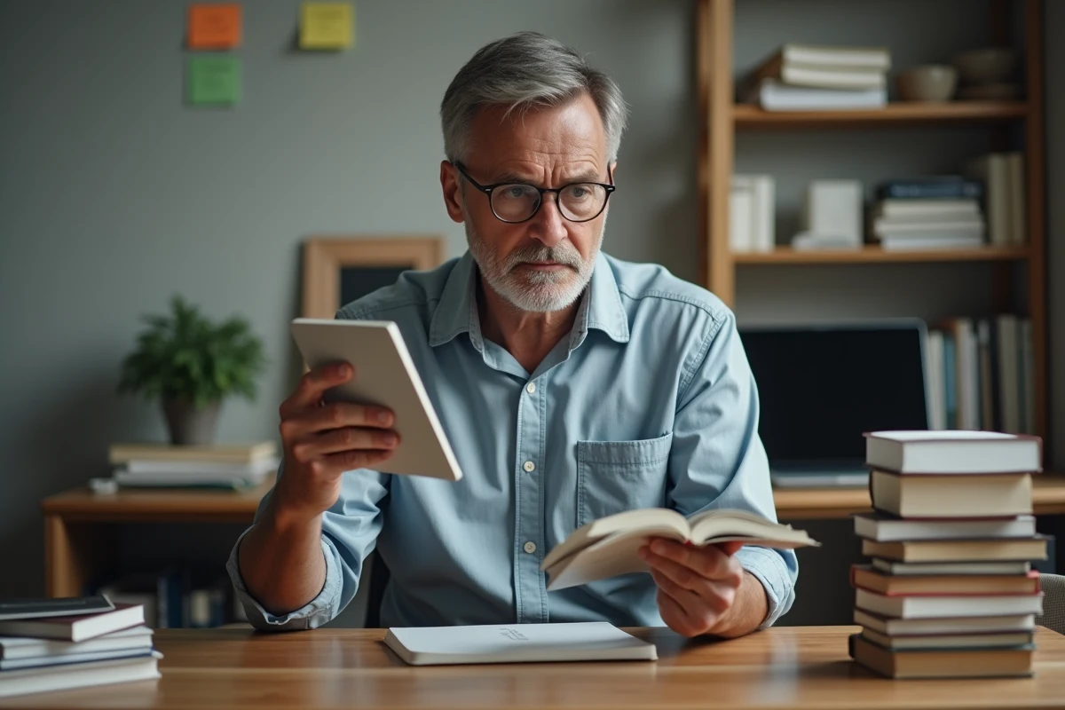 Homme comparant un livre papier et une liseuse Kindle à son bureau, illustrant les différents formats de lecture numérique