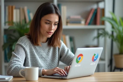 Femme comparant différents navigateurs web sur un ordinateur portable dans un bureau à domicile
