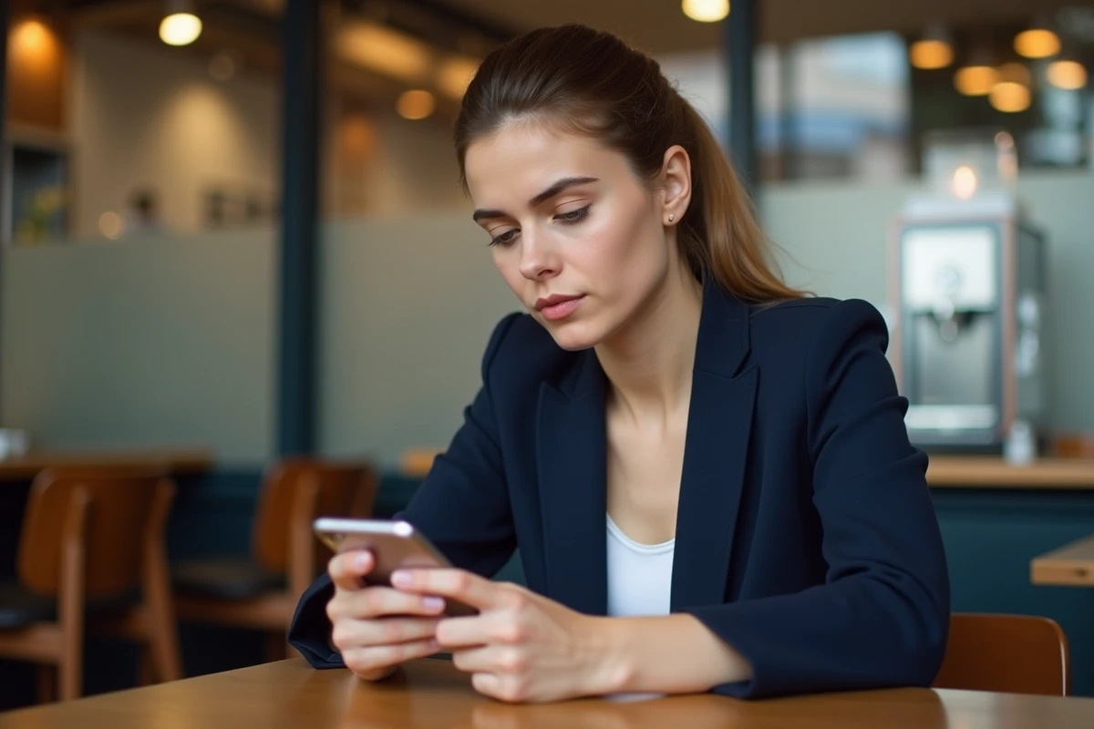 Femme comparant deux smartphones dont un Samsung Galaxy S24 FE dans un café, analysant les différences de fonctionnalités