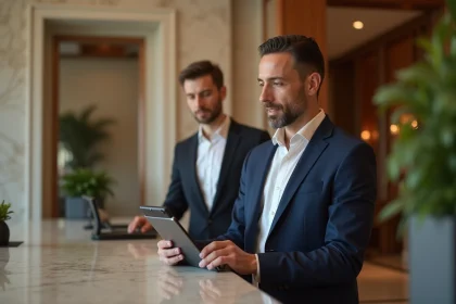 Concierge d'hôtel utilisant une tablette connectée pour assister un client à la réception, illustrant l'intégration des télécoms dans l'expérience hôtelière