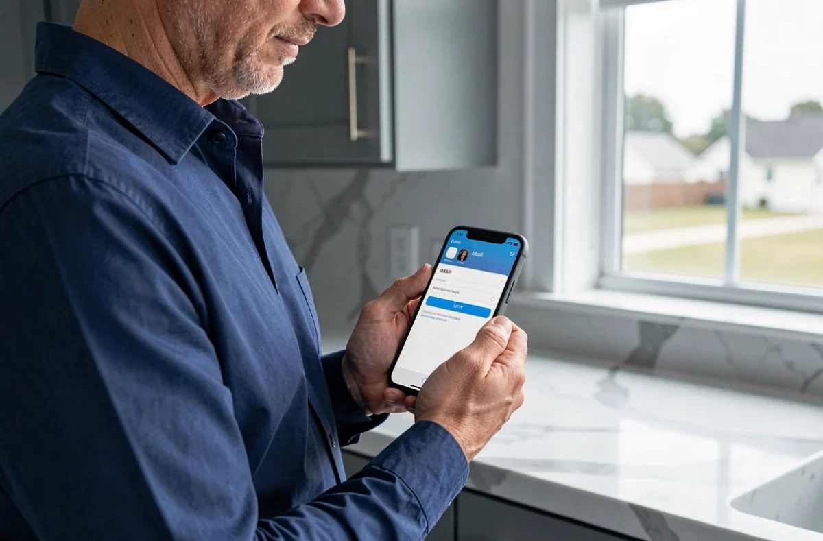 Homme configurant un compte email 1&1 sur iPhone iOS dans une cuisine moderne