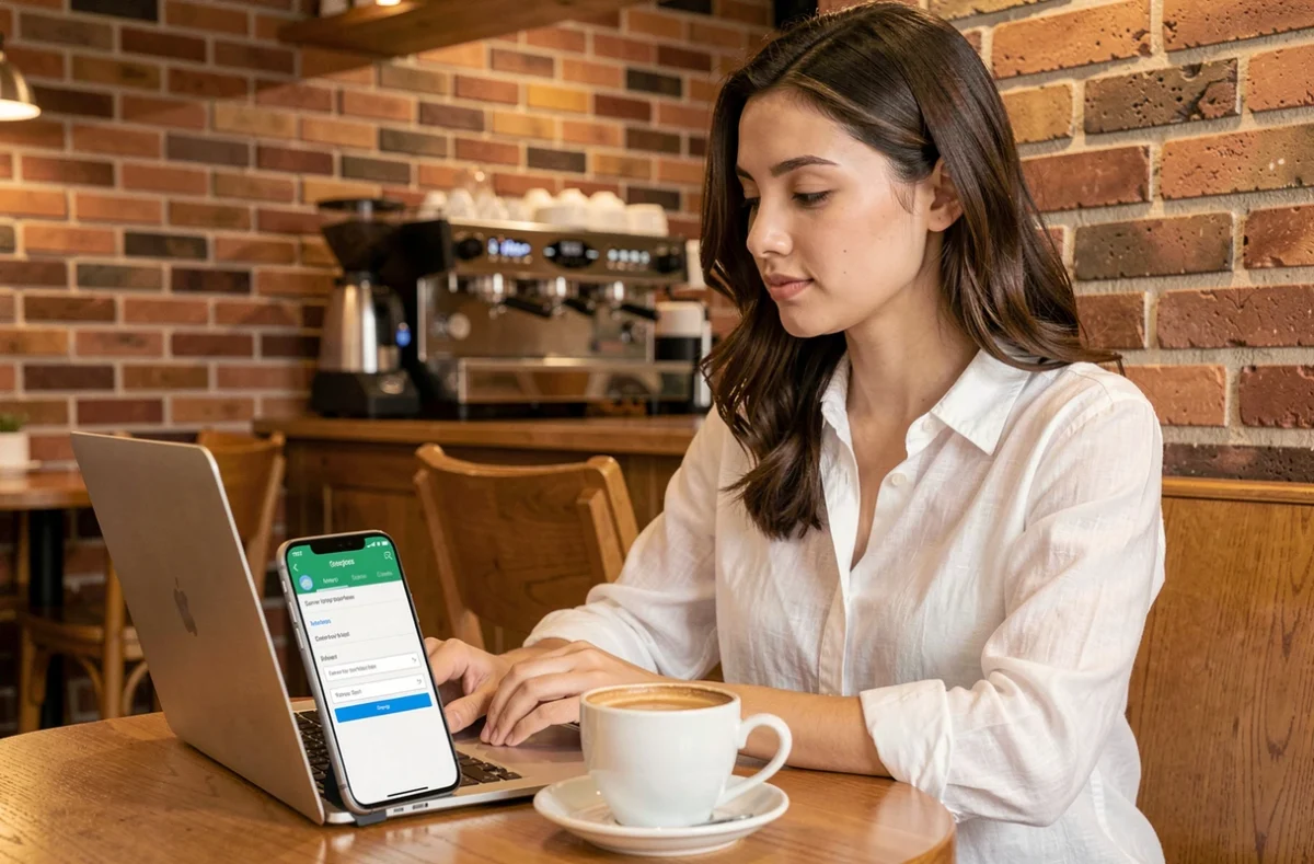 Jeune femme configurant un compte 1&1 Webmail sur smartphone Android dans un café avec un ordinateur portable