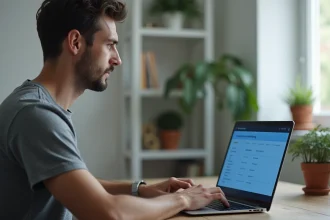 Homme configurant son Wi-Fi Freebox via l'interface mafreebox sur un ordinateur portable dans un bureau à domicile