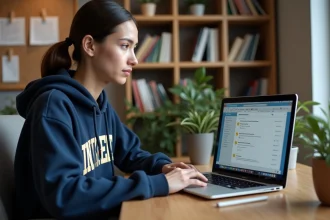 Étudiante configurant un client de messagerie Zimbra sur son ordinateur portable dans un bureau universitaire