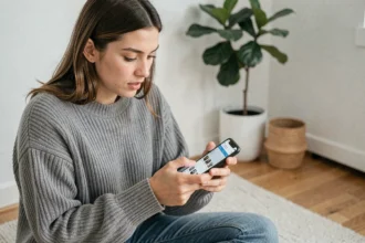 Jeune femme consultant un profil Instagram sur son smartphone dans un appartement minimaliste, illustrant la navigation discrète sur les réseaux sociaux