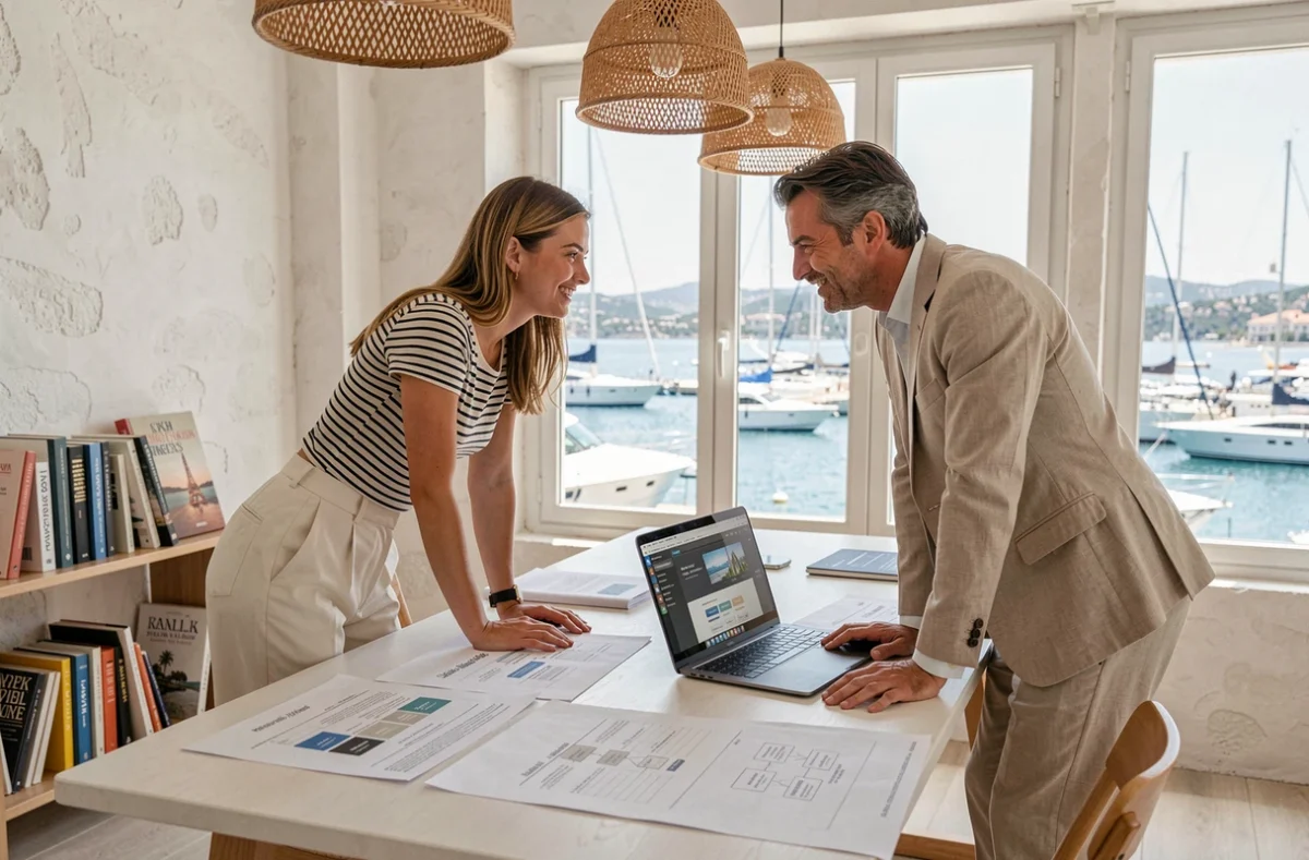 Développeuse web et directeur créatif étudiant des spécifications de solutions sur mesure dans un studio côtier de Cannes pour l'agence D-OPEN