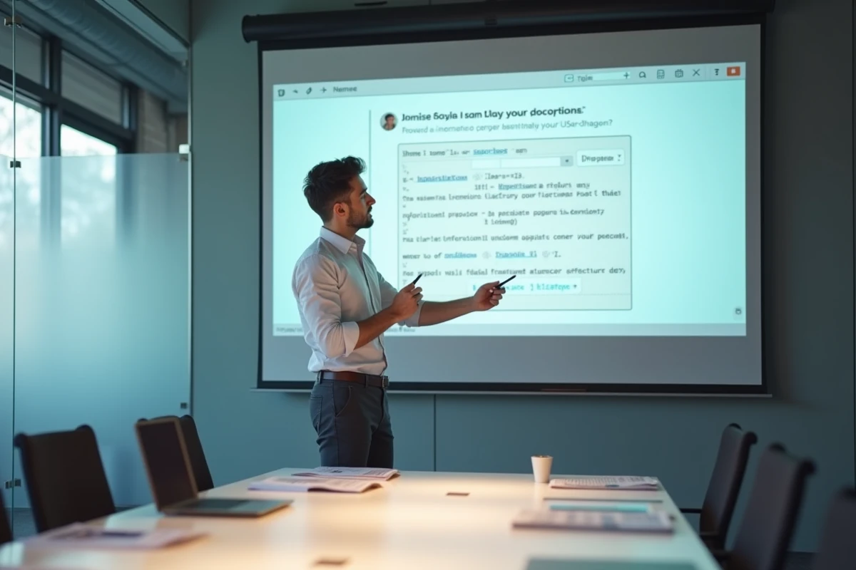 Designer UX présentant l'optimisation d'une fenêtre popup devant un écran en salle de réunion