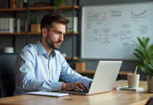 Créer une blockchain : temps nécessaire, astuces et conseils pratiques ! Jeune homme concentré travaillant sur un code blockchain dans un bureau