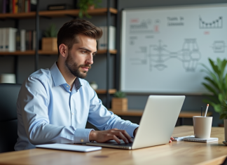 Jeune homme concentré travaillant sur un code blockchain dans un bureau