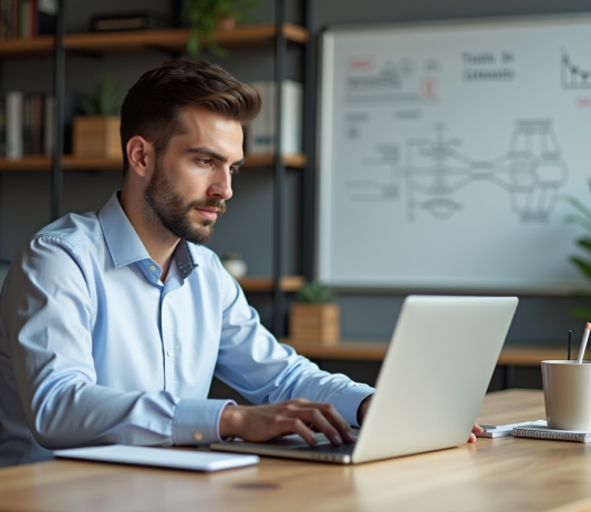 Jeune homme concentré travaillant sur un code blockchain dans un bureau